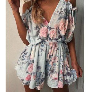 Light Blue Floral Printed Off The Shoulder Romper